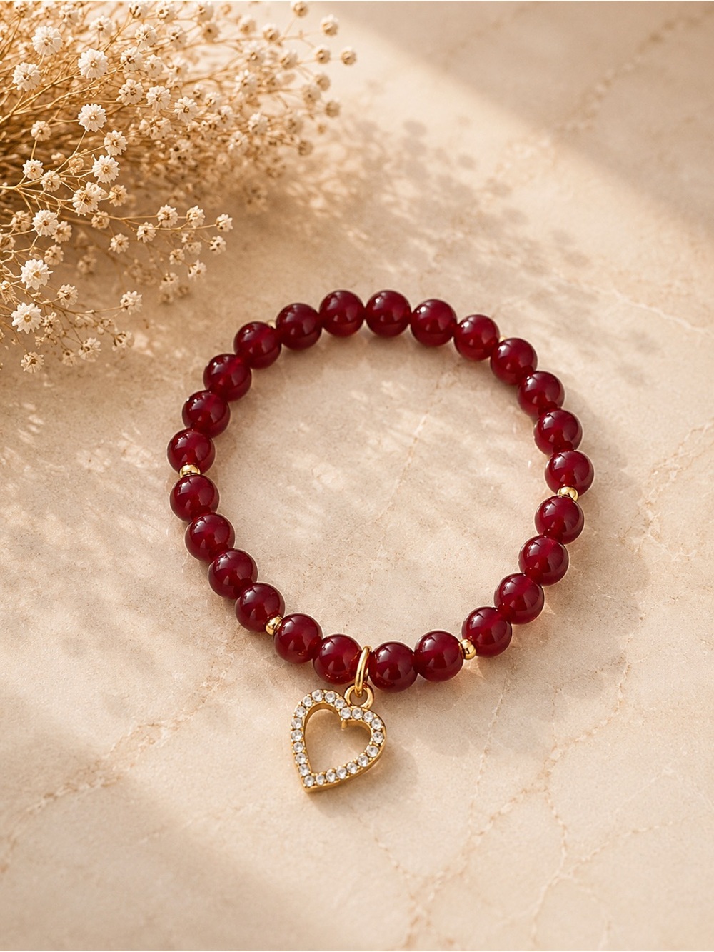 Gold Heart Charm Red Beaded Bracelet - Women Jewelry